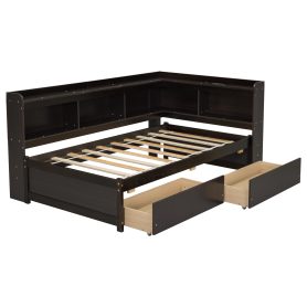 Twin Size L-shaped Bookcases Bed with Power Outlets, USB Charging Ports,Two Drawers