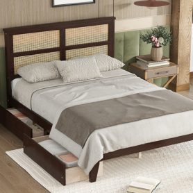 Full Size Platfrom Bed with Rattan Headboard, Two Storage Drawers