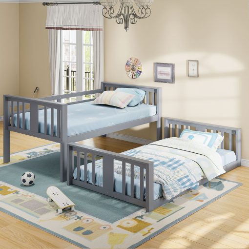 Solid Wood Low Twin Over Twin Bunk Bed with Ladder