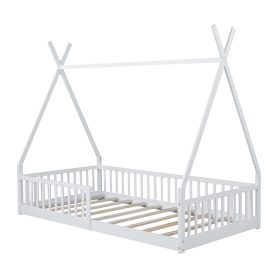 Twin Size Wood House Bed with Fence