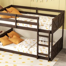 Twin over Twin Floor Bunk Bed with Panelled Headboard and Footboard