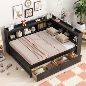 Full Size L-Shaped Bookcases Bed With Power Outlets, USB Charging Ports, Two Drawers
