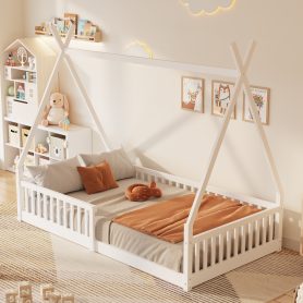 Twin Size Wood House Bed with Fence