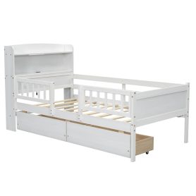 Wood Twin Size Platform Bed With Built-in Led Light, Multi-functional Headboard, Guardrail And 2 Drawers 33 Wood Twin Size Platform Bed With Built-in Led Light, Multi-functional Headboard, Guardrail And 2 Drawers