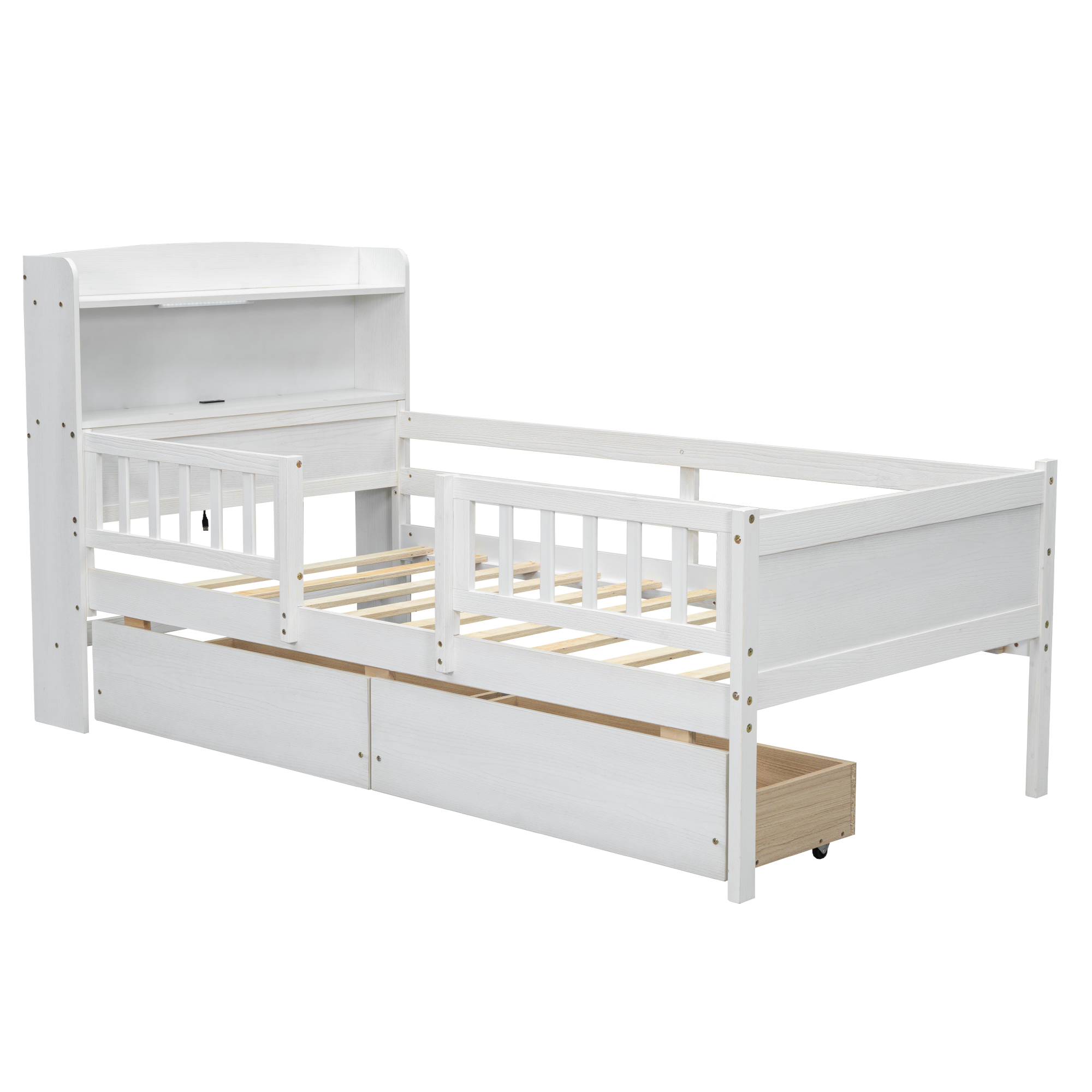 Wood Twin Size Platform Bed With Built-in Led Light, Multi-functional Headboard, Guardrail And 2 Drawers 14 Wood Twin Size Platform Bed With Built-in Led Light, Multi-functional Headboard, Guardrail And 2 Drawers