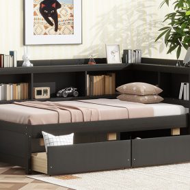Twin Size L-shaped Bookcases Bed with Power Outlets, USB Charging Ports,Two Drawers