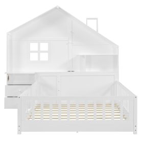 Full Size House Bed With Window, Bedside Drawers, Shelves And A Set Of Sockets And USB Port