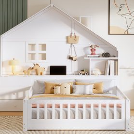 Full Size House Bed With Window, Bedside Drawers, Shelves And A Set Of Sockets And USB Port