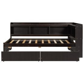 Twin Size L-shaped Bookcases Bed with Power Outlets, USB Charging Ports,Two Drawers