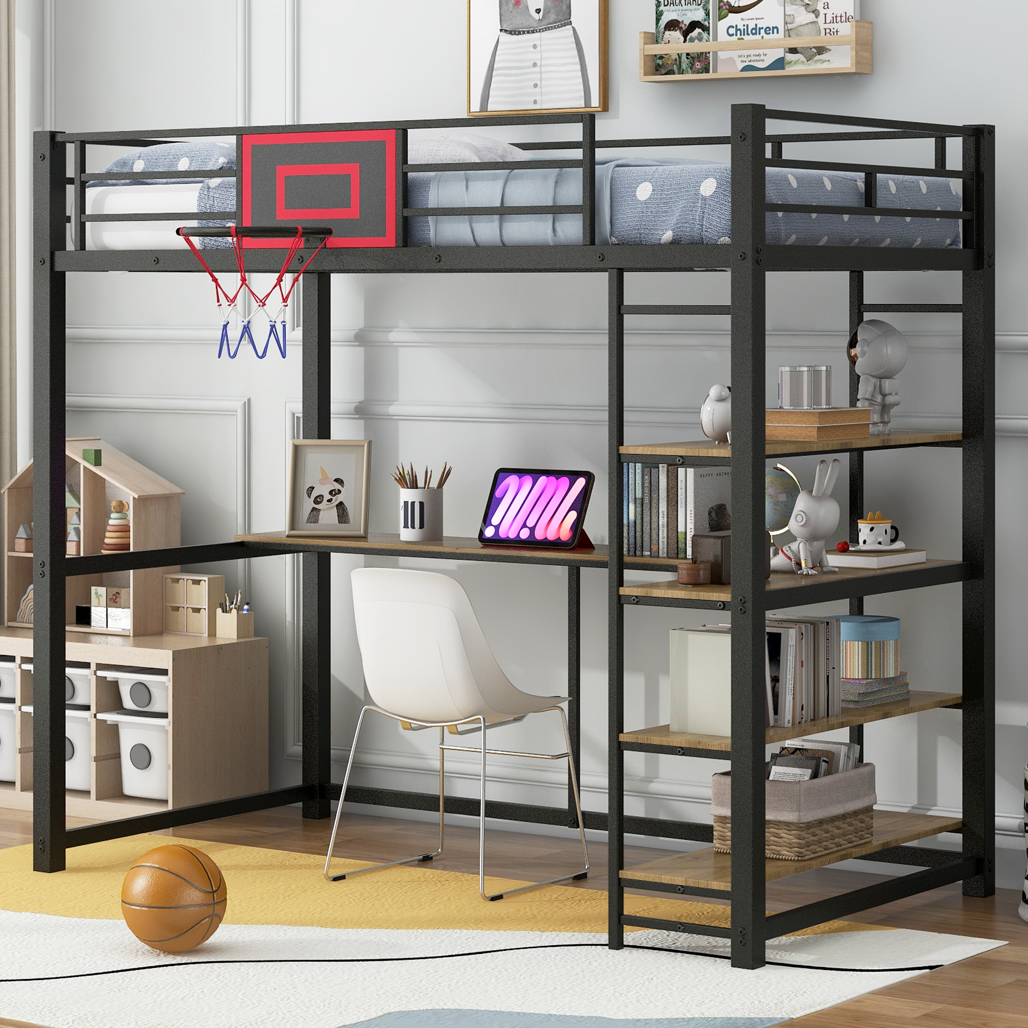 Twin Size Metal Loft Bed With Shelves, Desk And Basketball Hoop