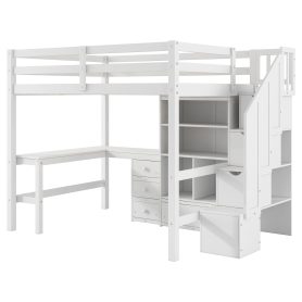 Full Size Loft Bed with L-Shaped Desk and Drawers, Cabinet and Storage Staircase