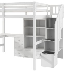 Full Size Loft Bed with L-Shaped Desk and Drawers, Cabinet and Storage Staircase