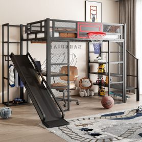 Full Size Metal Loft Bed with Built-in Desk, Open Wardrobe, Basketball hoop, Slide and Staircase