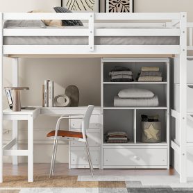 Full Size Loft Bed with L-Shaped Desk and Drawers, Cabinet and Storage Staircase