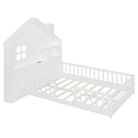 Full Size House Bed With Window, Bedside Drawers, Shelves And A Set Of Sockets And USB Port