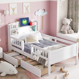 Wood Twin Size Platform Bed With Built-in Led Light, Multi-functional Headboard, Guardrail And 2 Drawers 28 Wood Twin Size Platform Bed With Built-in Led Light, Multi-functional Headboard, Guardrail And 2 Drawers
