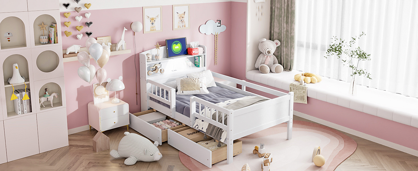 Wood Twin Size Platform Bed With Built-in Led Light, Multi-functional Headboard, Guardrail And 2 Drawers 9 Wood Twin Size Platform Bed With Built-in Led Light, Multi-functional Headboard, Guardrail And 2 Drawers