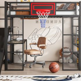 Full Size Metal Loft Bed with Built-in Desk, Open Wardrobe, Basketball hoop, Slide and Staircase