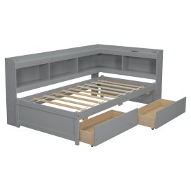 Twin Size L-Shaped Bookcases Bed with Power Outlets, USB Charging Ports, Two Drawers 57 Twin Size L-Shaped Bookcases Bed with Power Outlets, USB Charging Ports, Two Drawers