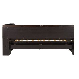 Twin Size L-shaped Bookcases Bed with Power Outlets, USB Charging Ports,Two Drawers