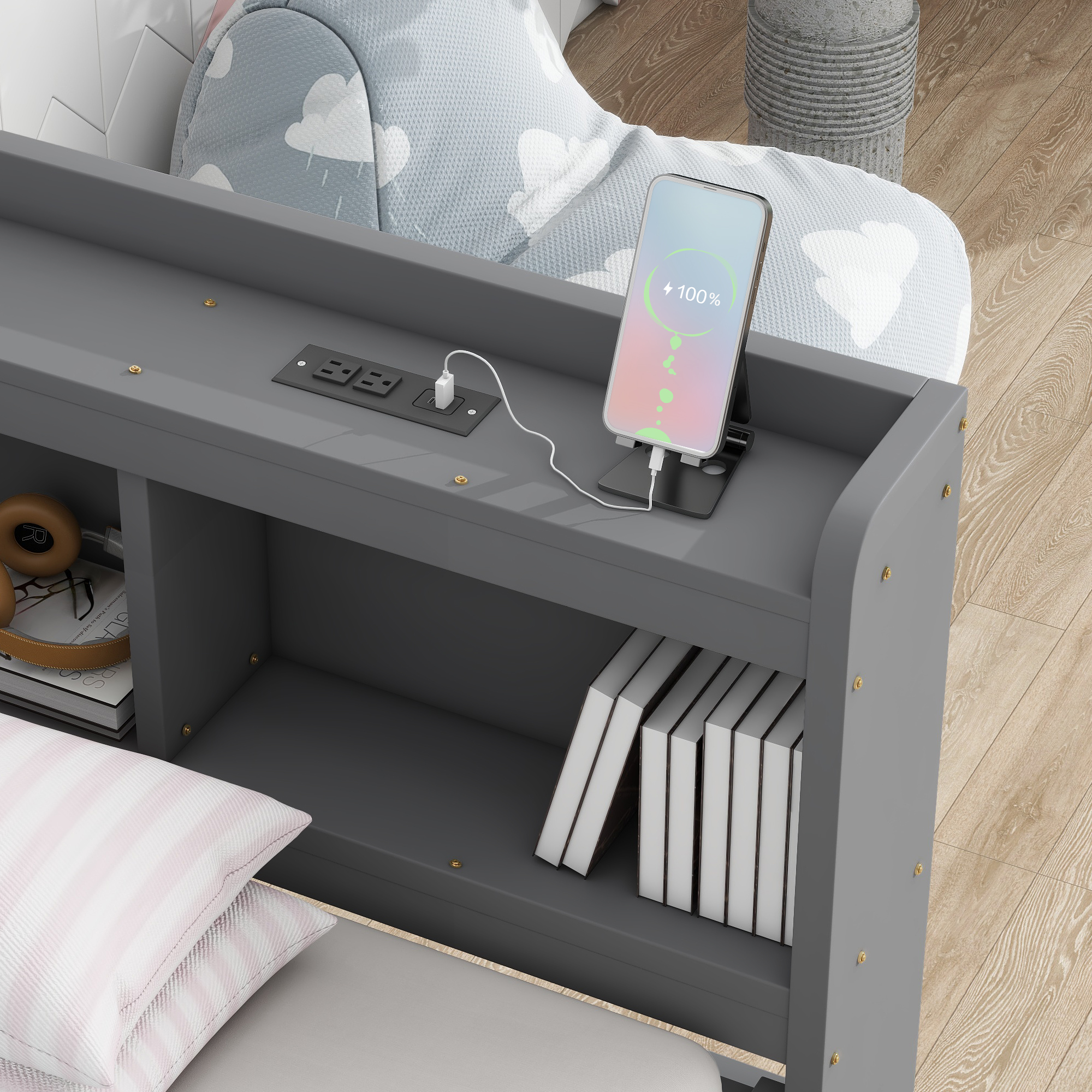 Twin Size L-Shaped Bookcases Bed with Power Outlets, USB Charging Ports, Two Drawers 21 Twin Size L-Shaped Bookcases Bed with Power Outlets, USB Charging Ports, Two Drawers