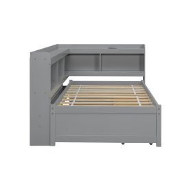 Twin Size L-Shaped Bookcases Bed with Power Outlets, USB Charging Ports, Two Drawers 43 Twin Size L-Shaped Bookcases Bed with Power Outlets, USB Charging Ports, Two Drawers