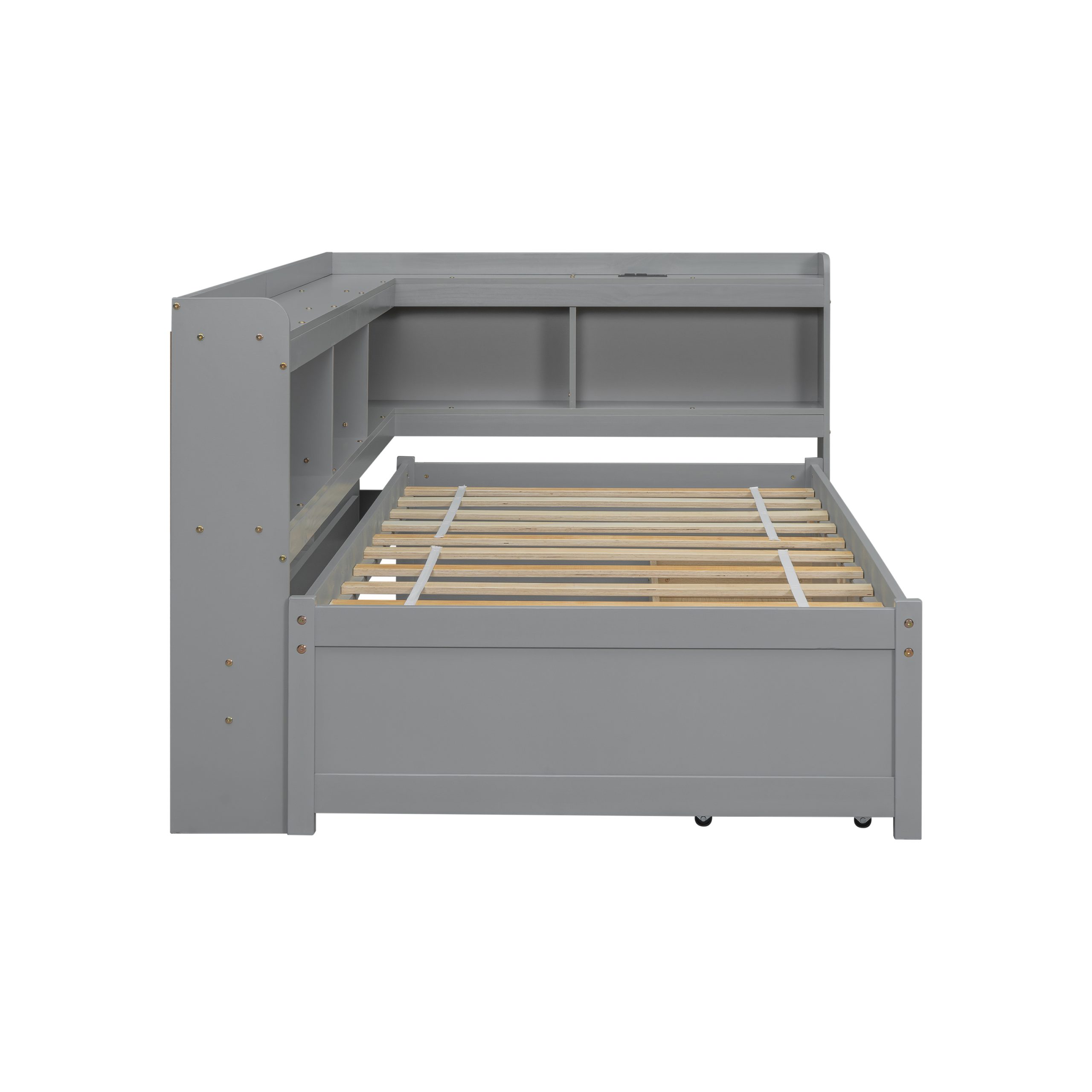 Twin Size L-Shaped Bookcases Bed with Power Outlets, USB Charging Ports, Two Drawers 16 Twin Size L-Shaped Bookcases Bed with Power Outlets, USB Charging Ports, Two Drawers