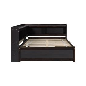 Full Size L-Shaped Bookcases Bed With Power Outlets, USB Charging Ports, Two Drawers