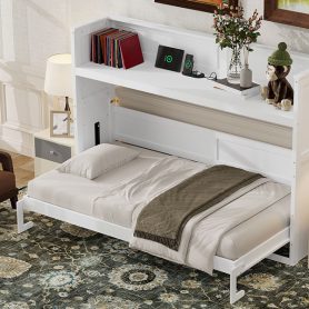 Twin XL Size Murphy Bed with Desk,LED Light and USB Charging Station