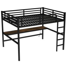 Metal Queen Size Loft Bed With Power Outlet And LED Lighted, Space-saving, Noise Reduced