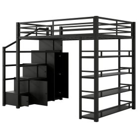 Full Size Metal Loft Bed with Storage Shelves, Cabinets and Wardrobe