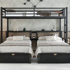 Full Xl Over Twin & Twin Triple Bunk Bed With Drawers, Shelving & USB