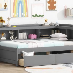 Twin Size L-Shaped Bookcases Bed with Power Outlets, USB Charging Ports, Two Drawers 49 Twin Size L-Shaped Bookcases Bed with Power Outlets, USB Charging Ports, Two Drawers