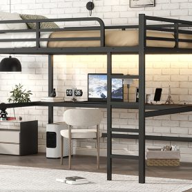 Metal Queen Size Loft Bed With Power Outlet And LED Lighted, Space-saving, Noise Reduced