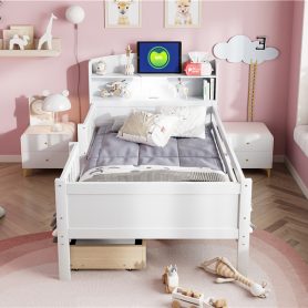 Wood Twin Size Platform Bed With Built-in Led Light, Multi-functional Headboard, Guardrail And 2 Drawers 26 Wood Twin Size Platform Bed With Built-in Led Light, Multi-functional Headboard, Guardrail And 2 Drawers