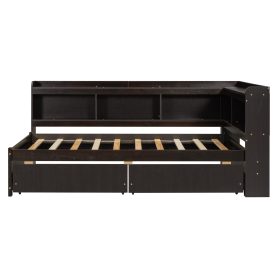 Twin Size L-shaped Bookcases Bed with Power Outlets, USB Charging Ports,Two Drawers