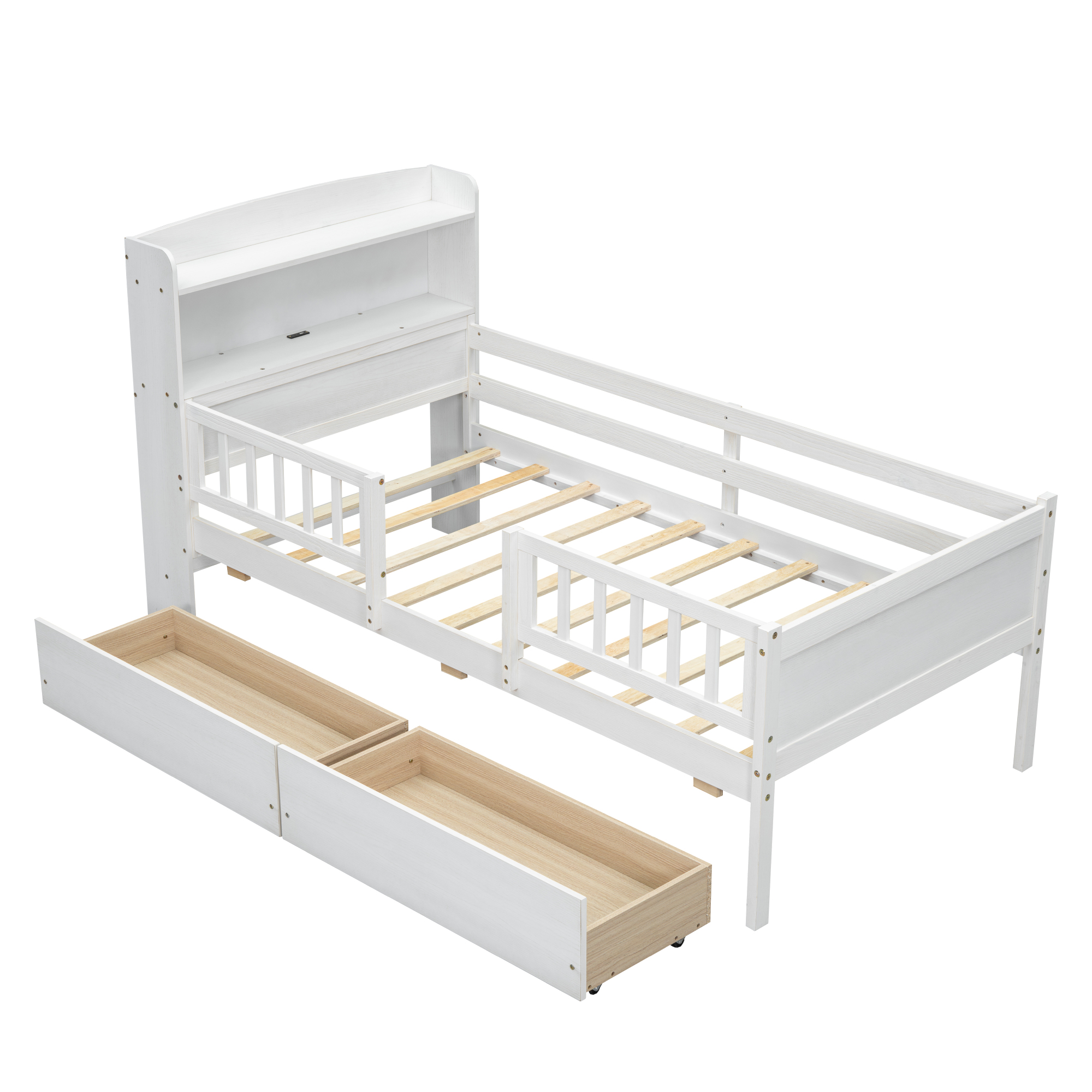 Wood Twin Size Platform Bed With Built-in Led Light, Multi-functional Headboard, Guardrail And 2 Drawers 19 Wood Twin Size Platform Bed With Built-in Led Light, Multi-functional Headboard, Guardrail And 2 Drawers