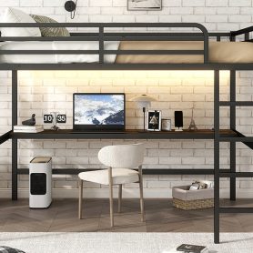 Metal Queen Size Loft Bed With Power Outlet And LED Lighted, Space-saving, Noise Reduced