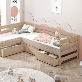 Twin Size L-Shaped Platform Bed With Three Storage Drawers