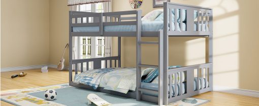 Solid Wood Low Twin Over Twin Bunk Bed with Ladder
