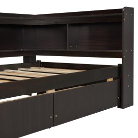 Twin Size L-shaped Bookcases Bed with Power Outlets, USB Charging Ports,Two Drawers