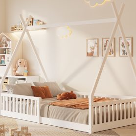 Twin Size Wood House Bed with Fence