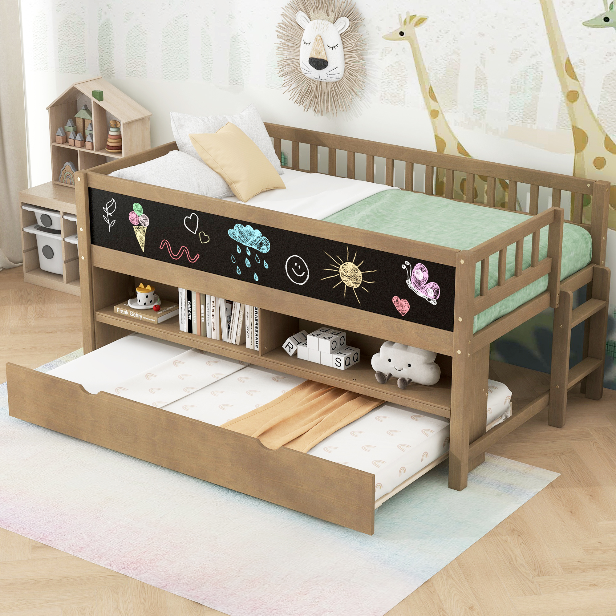 Twin Size Wood Low Loft Bed with Storage Shelves, Blackboard and Trundle
