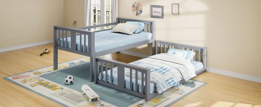 Solid Wood Low Twin Over Twin Bunk Bed with Ladder