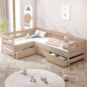 Twin Size L-Shaped Platform Bed With Three Storage Drawers