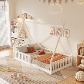 Twin Size Wood House Bed with Fence