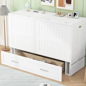 Queen Size Mobile Murphy Bed with Drawer and Little Shelves on Each Side