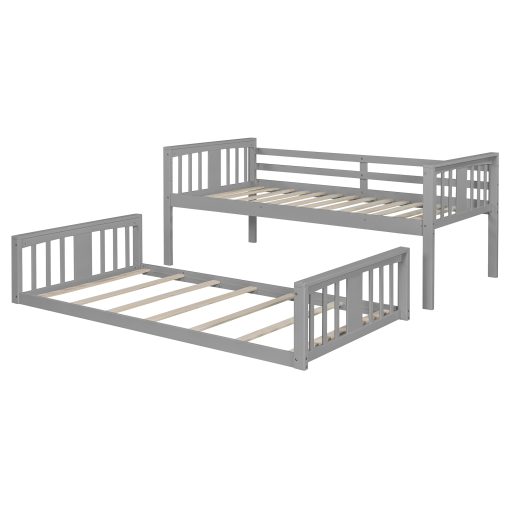 Solid Wood Low Twin Over Twin Bunk Bed with Ladder