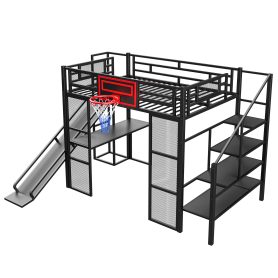 Full Size Metal Loft Bed with Built-in Desk, Open Wardrobe, Basketball hoop, Slide and Staircase