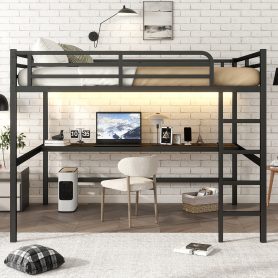Metal Queen Size Loft Bed With Power Outlet And LED Lighted, Space-saving, Noise Reduced